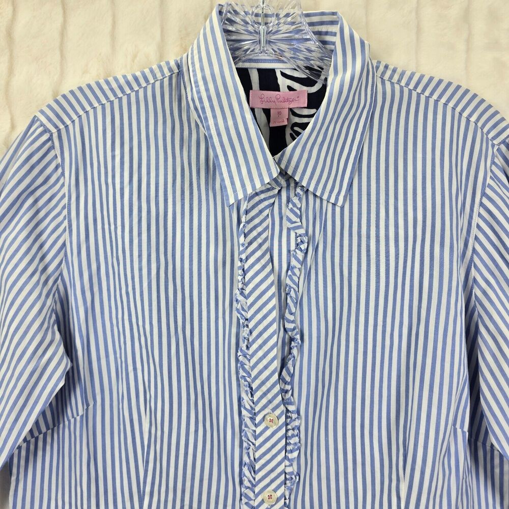 Lilly Pulitzer Women's Blue & White Striped Button Down Ruffle Shirt Size 10 - Picture 2 of 14
